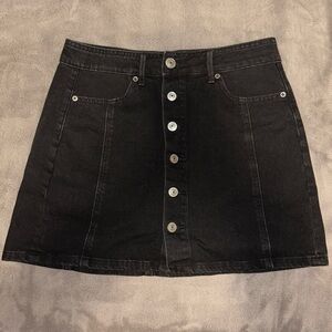 Black denim button-front skirt